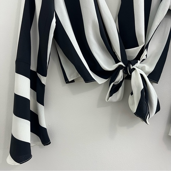 River Island Petite Black White Striped Bell Sleeves Wrap Top - Picture 4 of 8
